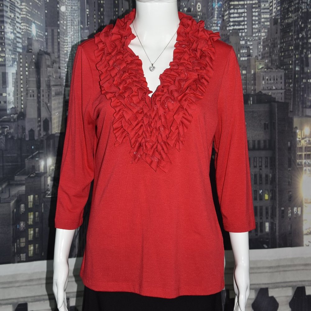 Casual Express Size Large Red 3/4 Sleeve Lace and Ruffles V-Neck Top